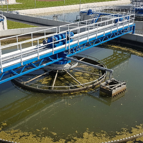 Ozone in wastewater system showing circular tank with treatment mechanism.
